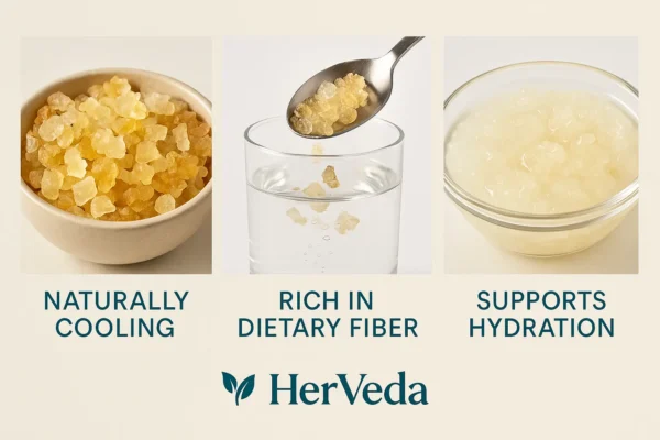 Soaked and swollen HerVeda Gond Katira crystals highlighting hydration benefits